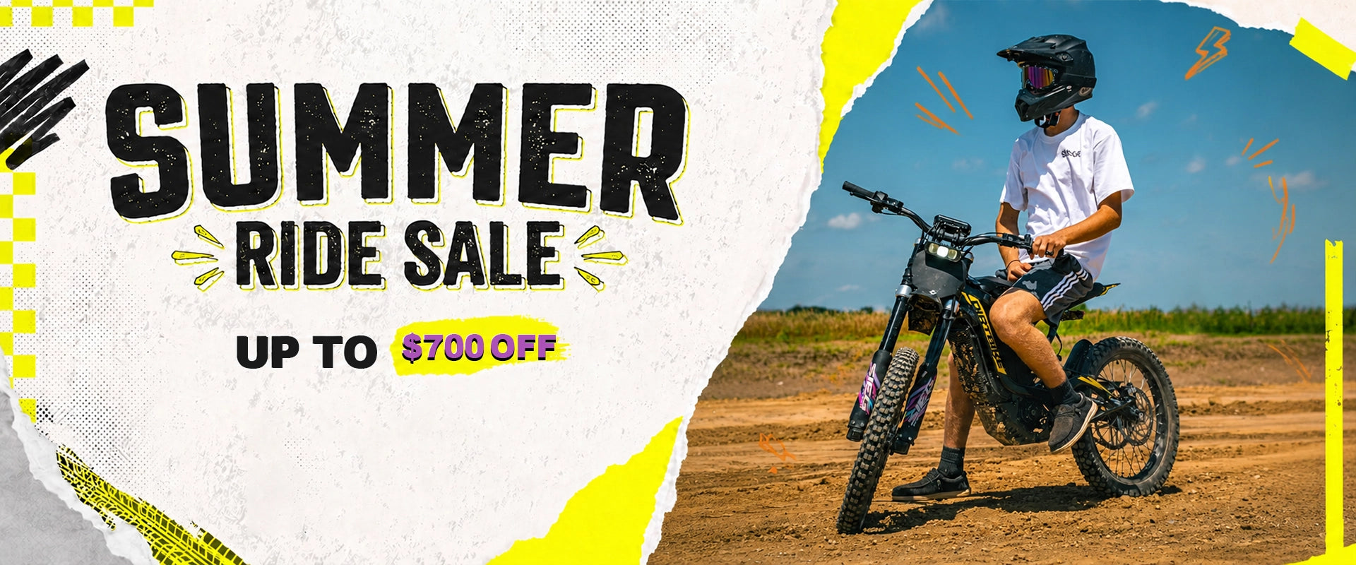 Summer Ride Sale banner for ThunderWasp XR16 adult electric dirt bike, up to $700 discount, high performance off-road e-moto with 0-30MPH in 3 seconds adjustable suspension automotive steel frame