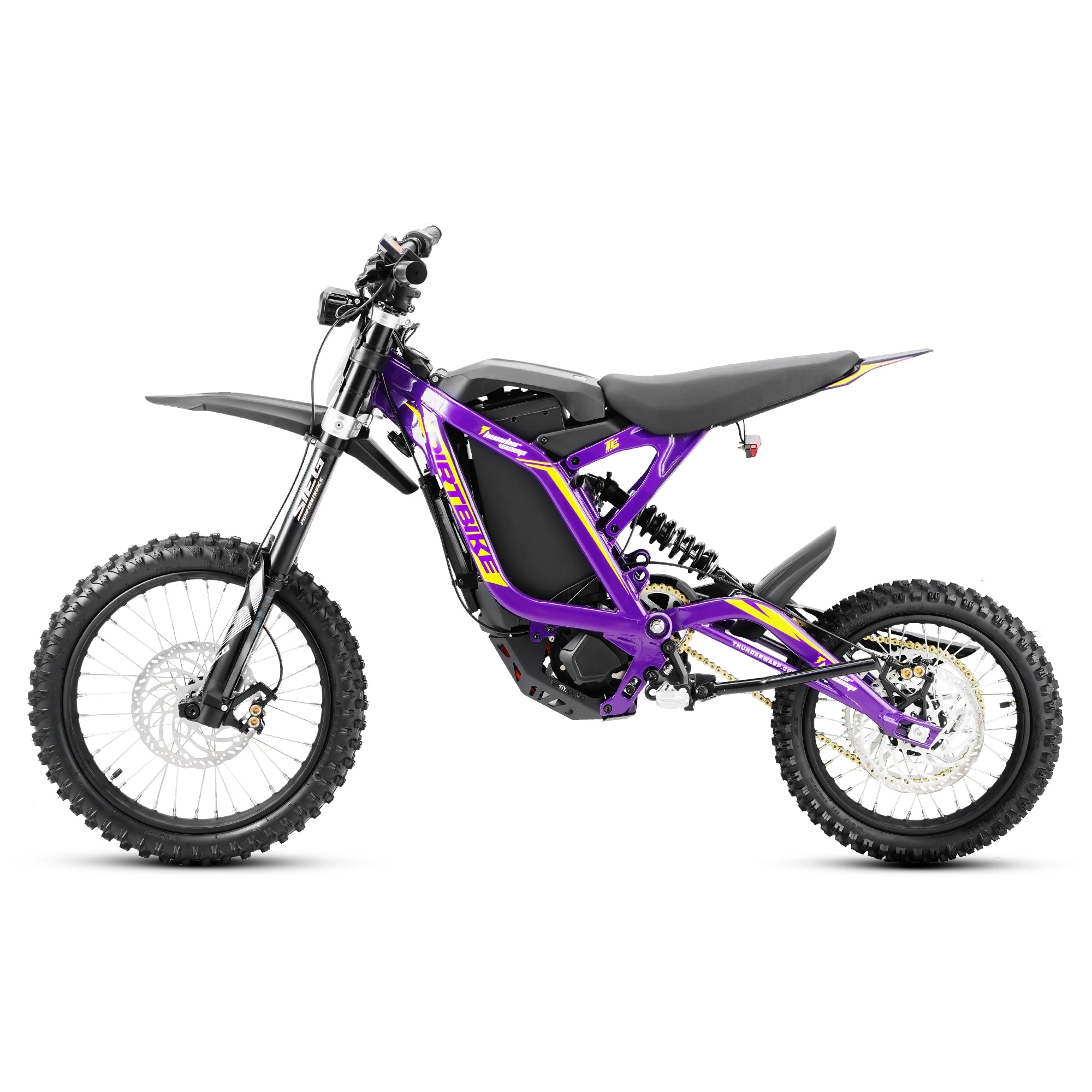 Bright purple TE dirt ebike full side profile view lightweight off-road electric motorcycle for trail riding
